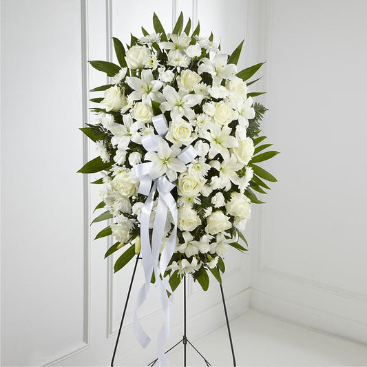 Exquisite Tribute Standing Spray-White Ribbon –  Your Beautiful Flowers, Scranton PA