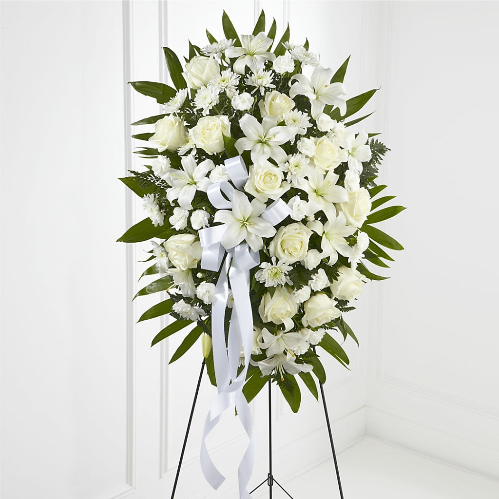 Exquisite Tribute Standing Spray-White Ribbon –  Your Beautiful Flowers, Scranton PA