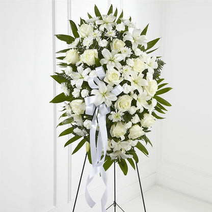 Exquisite Tribute Standing Spray-White Ribbon –  Your Beautiful Flowers, Scranton PA